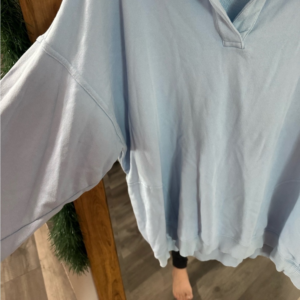 AERIE Happy Henley Everyday Polo Oversized Pullover Sweatshirt- Baby Blue - Picture 3 of 4